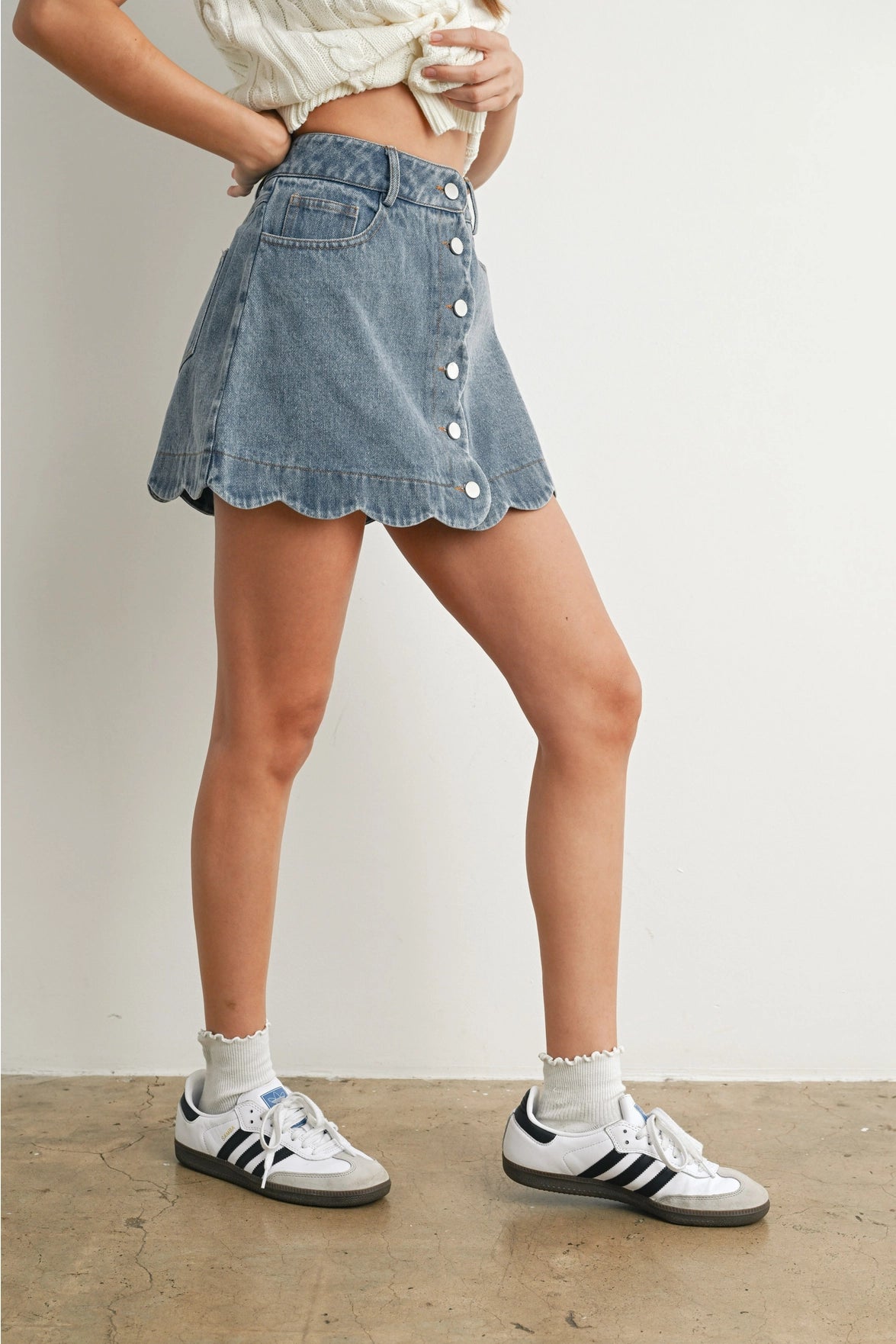 PREORDER: Buttoned Scallop Denim Skirt