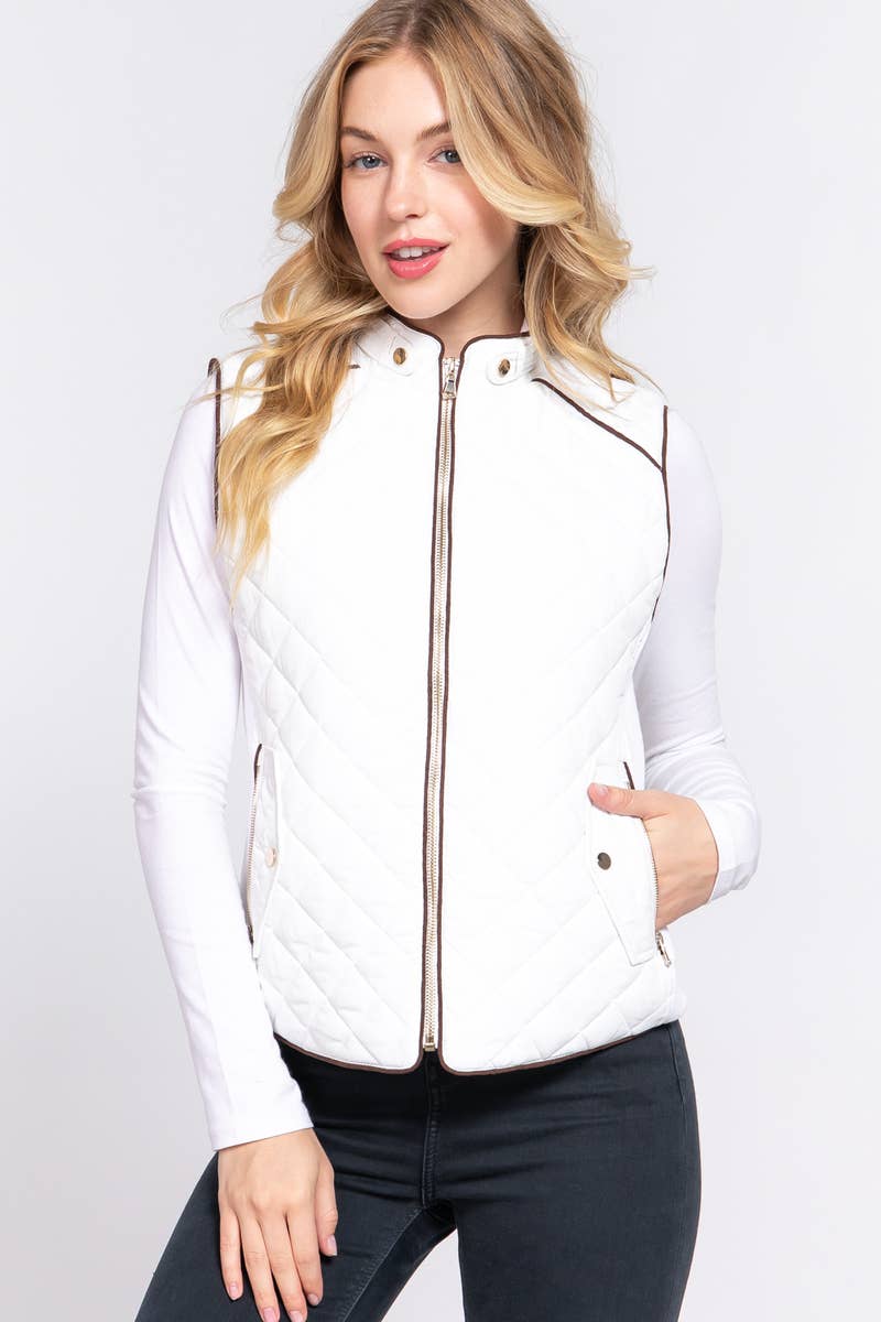 `Slim Fit Suede Piping Quilted Padding Vest