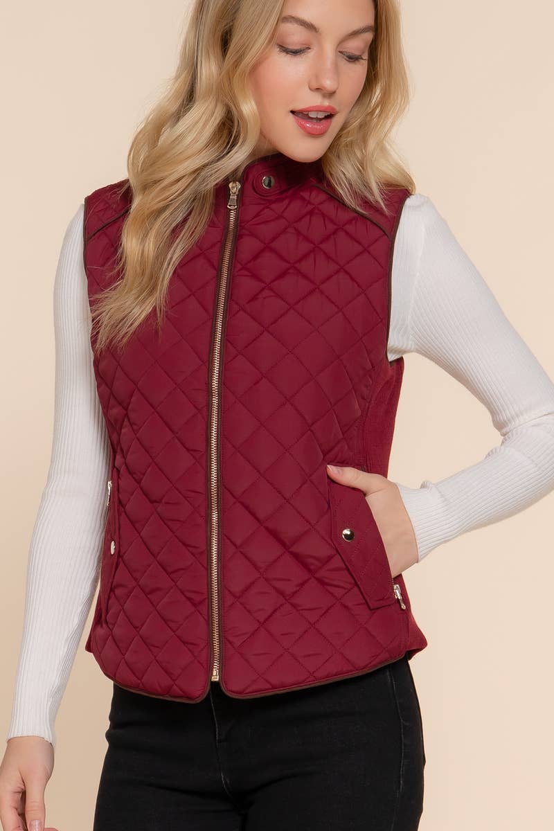 `Slim Fit Suede Piping Quilted Padding Vest