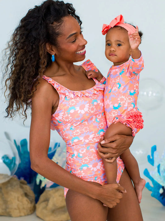 PREORDER: Women's Coral Floral Ruffle One Piece Swimsuit