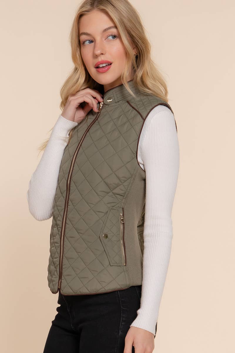 `Slim Fit Suede Piping Quilted Padding Vest