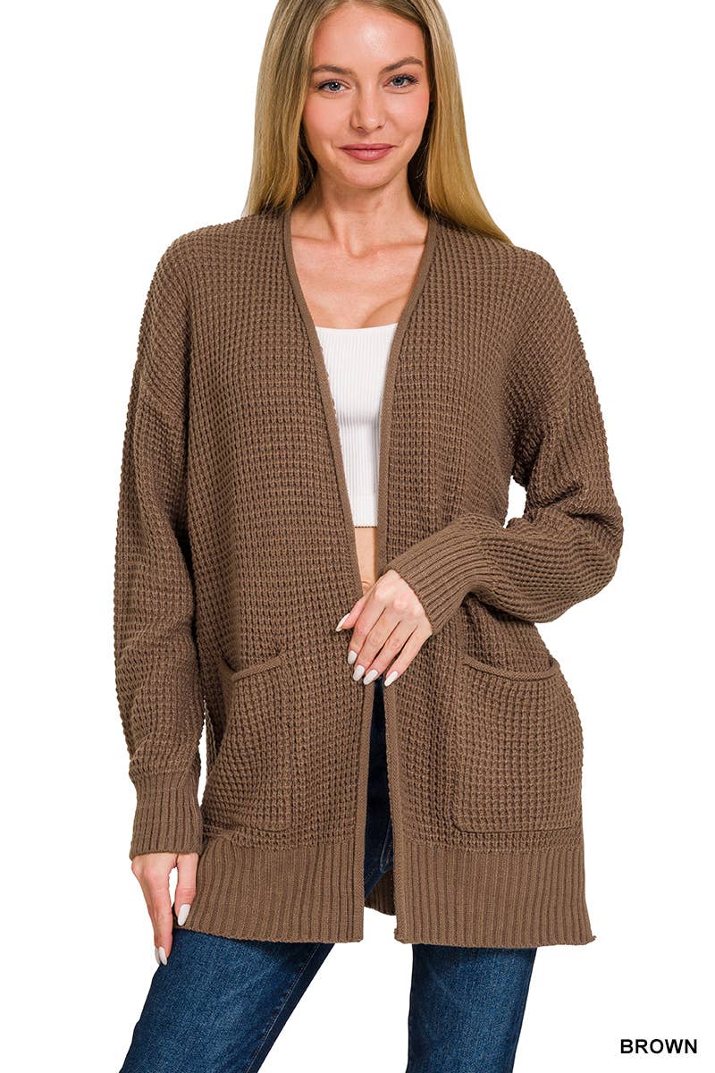 `Low Gauge Waffle Open Sweater Cardigan Zenana