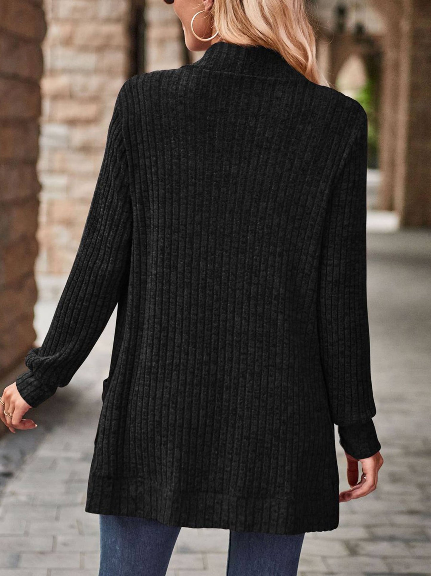 Solid Pit Stripe Matte Casual Long Sleeved Cardigan Jacket