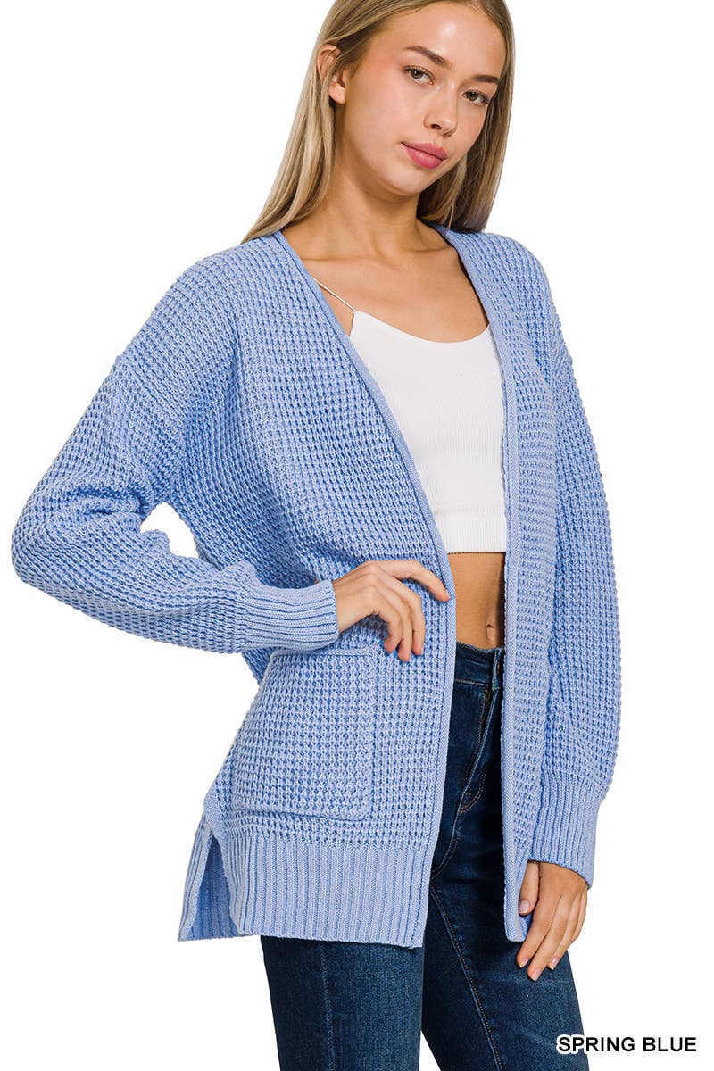 `Low Gauge Waffle Open Sweater Cardigan Zenana