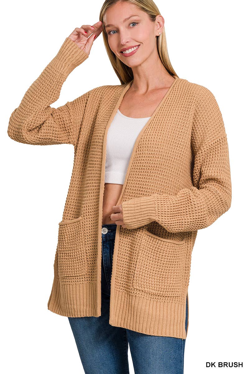 `Low Gauge Waffle Open Sweater Cardigan Zenana