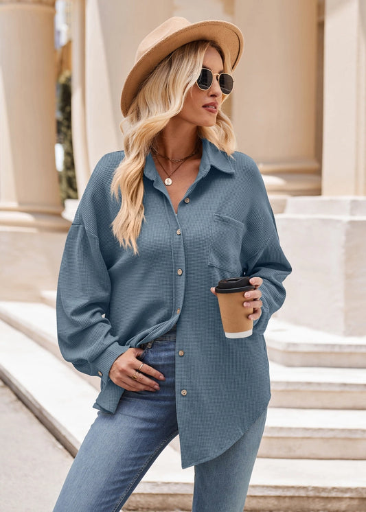 Women's Casual Loose Pocket Waffle Fashion Shirt