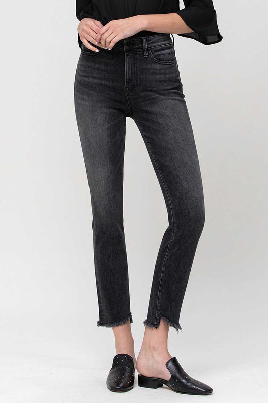 PREORDER: High Rise Unbalance Hem Crop Slim Straigh Jeans