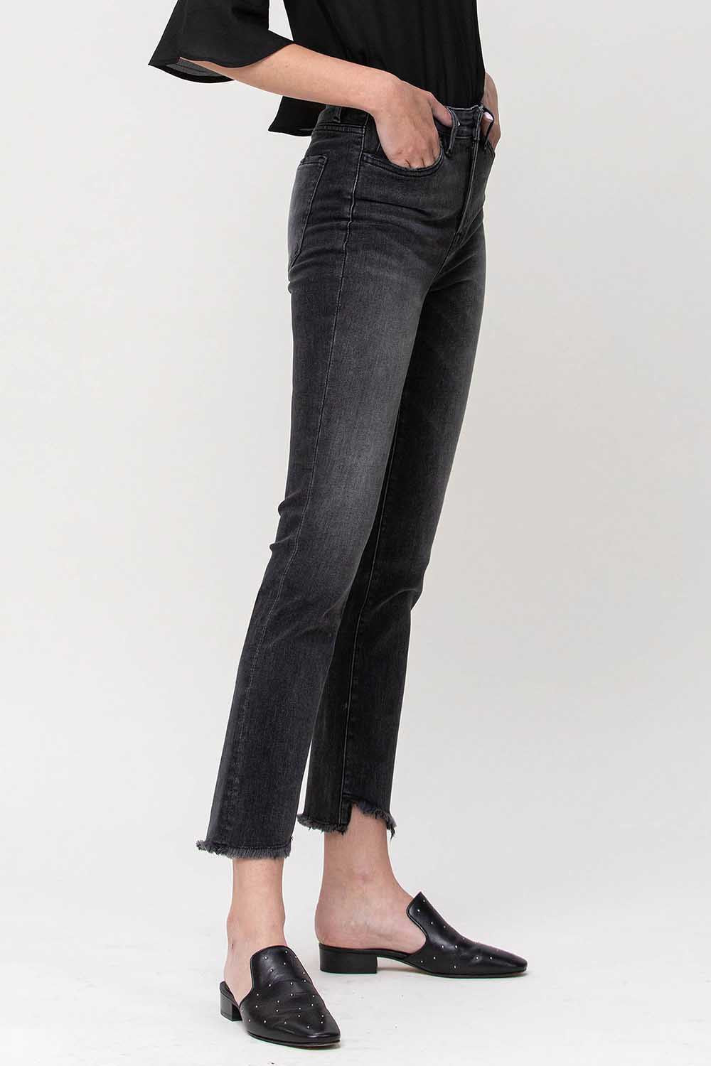 PREORDER: High Rise Unbalance Hem Crop Slim Straigh Jeans