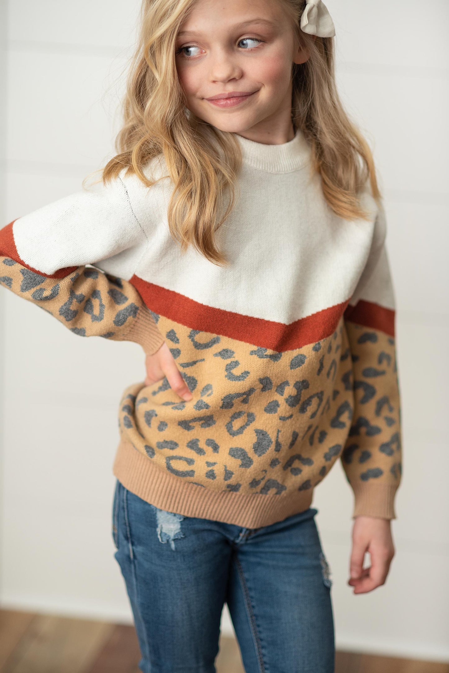 PREORDER: Kids Leopard & Rust V Color Block Fall Sweater