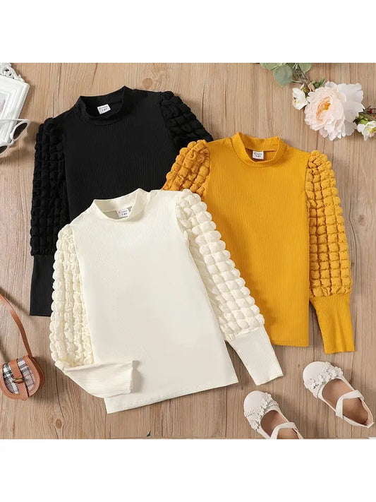 PREORDER: Kid Girl Textured Long Puff-Sleeve Mock Neck Tee