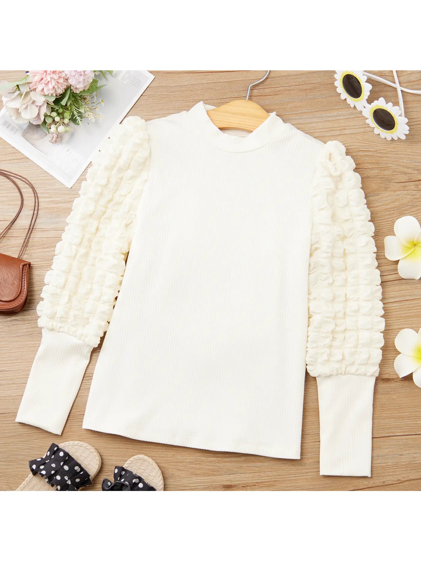 PREORDER: Kid Girl Textured Long Puff-Sleeve Mock Neck Tee