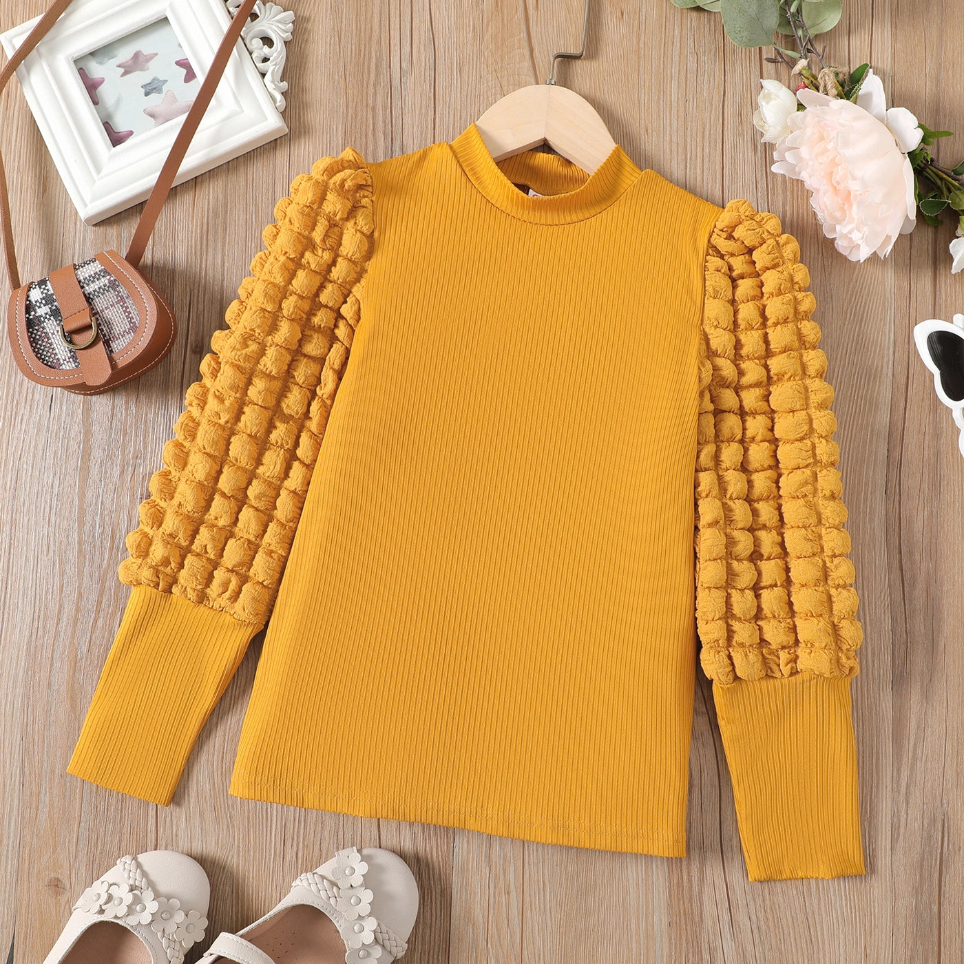 PREORDER: Kid Girl Textured Long Puff-Sleeve Mock Neck Tee