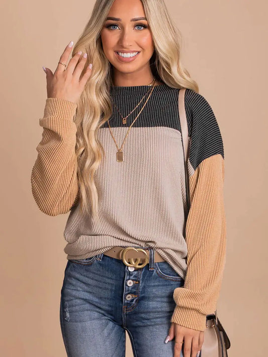 PREORDER: Color Block Long Sleeve Ribbed Top