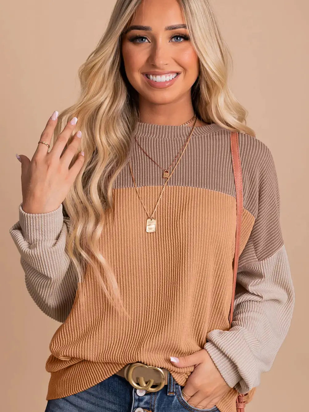 PREORDER: Color Block Long Sleeve Ribbed Top