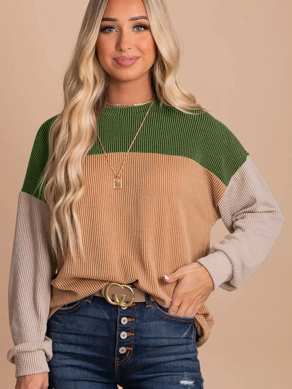 PREORDER: Color Block Long Sleeve Ribbed Top