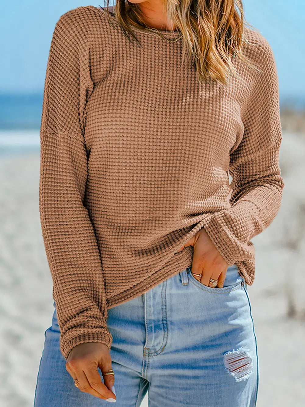 PREORDER: Waffle Knit Drop Shoulder Long Sleeve Top