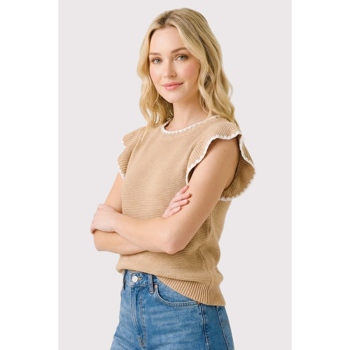 PREORDER: Blanket Stitched Ruffle Sleeve Sweater