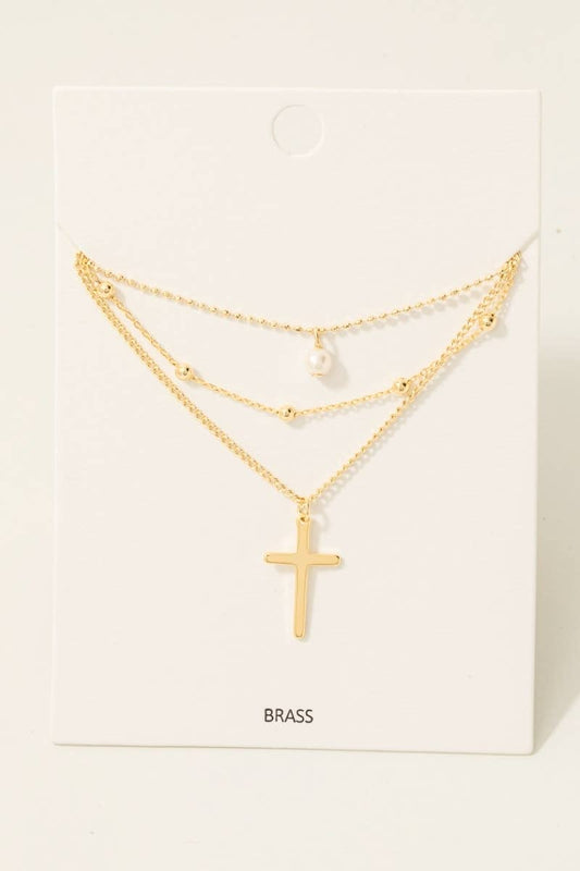Mixed Layered Chains Cross And Pearl Charm Necklace
