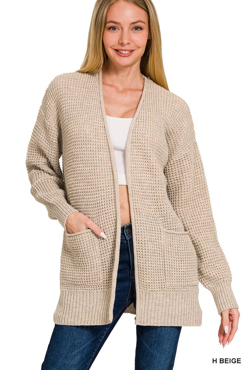 `Low Gauge Waffle Open Sweater Cardigan Zenana