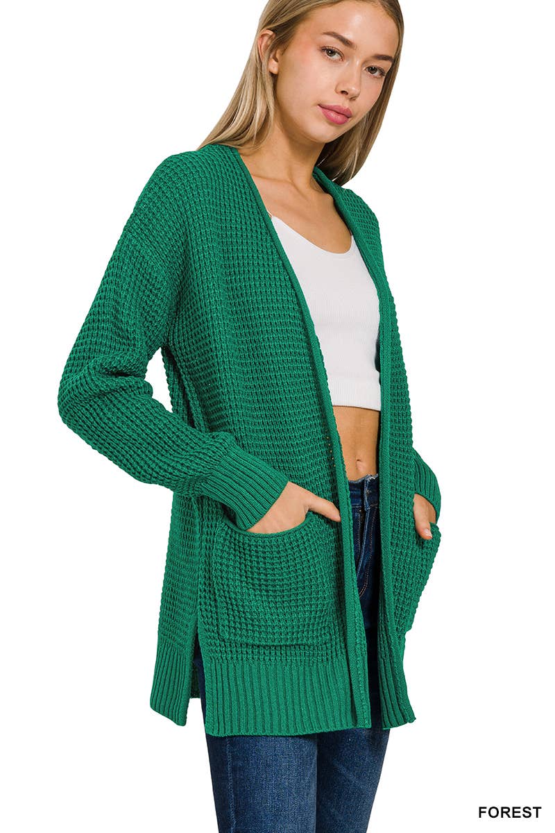 `Low Gauge Waffle Open Sweater Cardigan Zenana