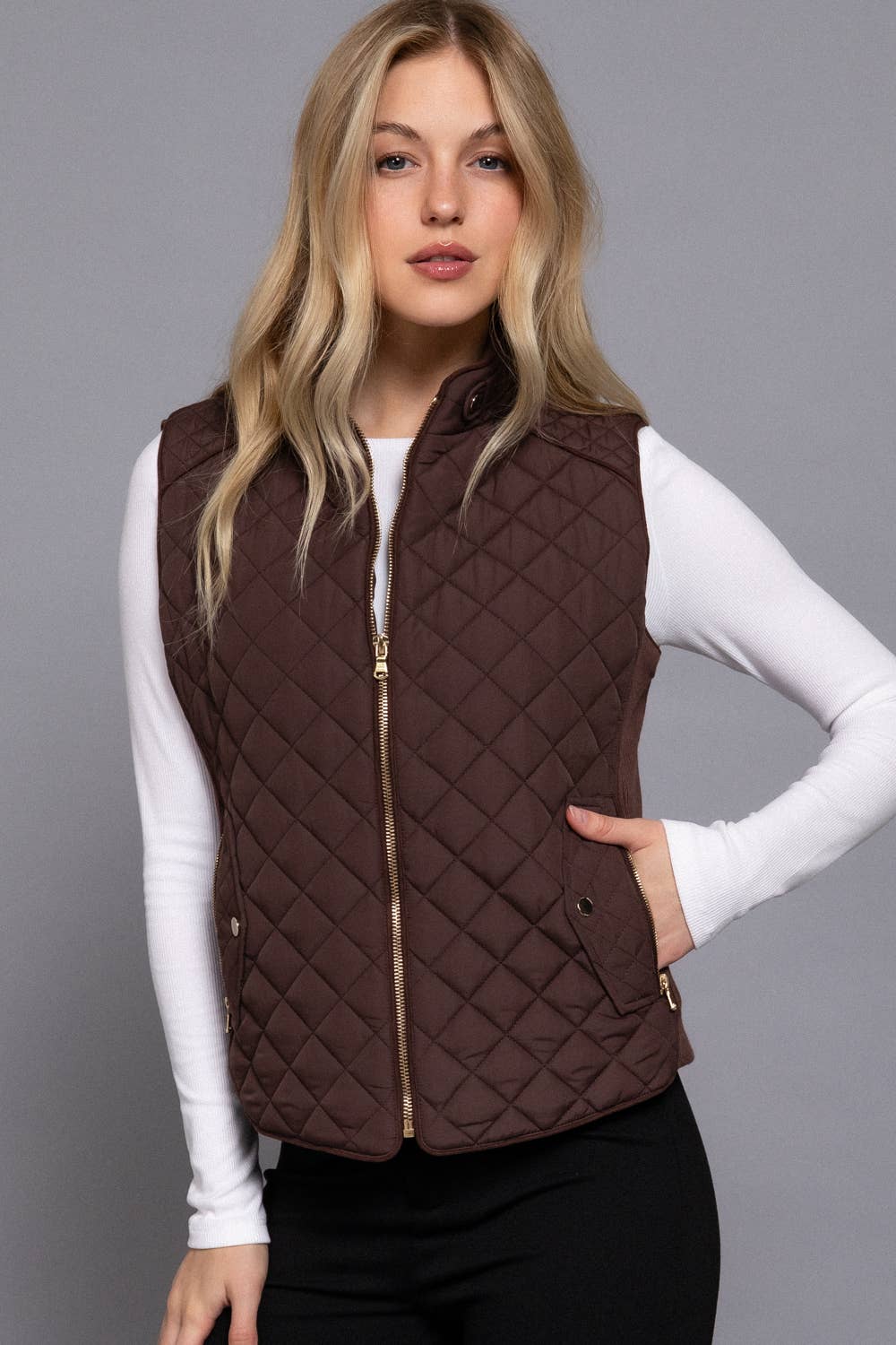 `Slim Fit Suede Piping Quilted Padding Vest