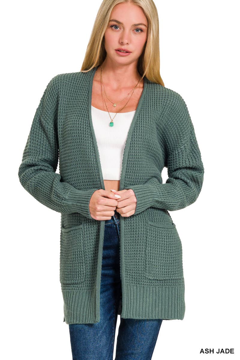 `Low Gauge Waffle Open Sweater Cardigan Zenana