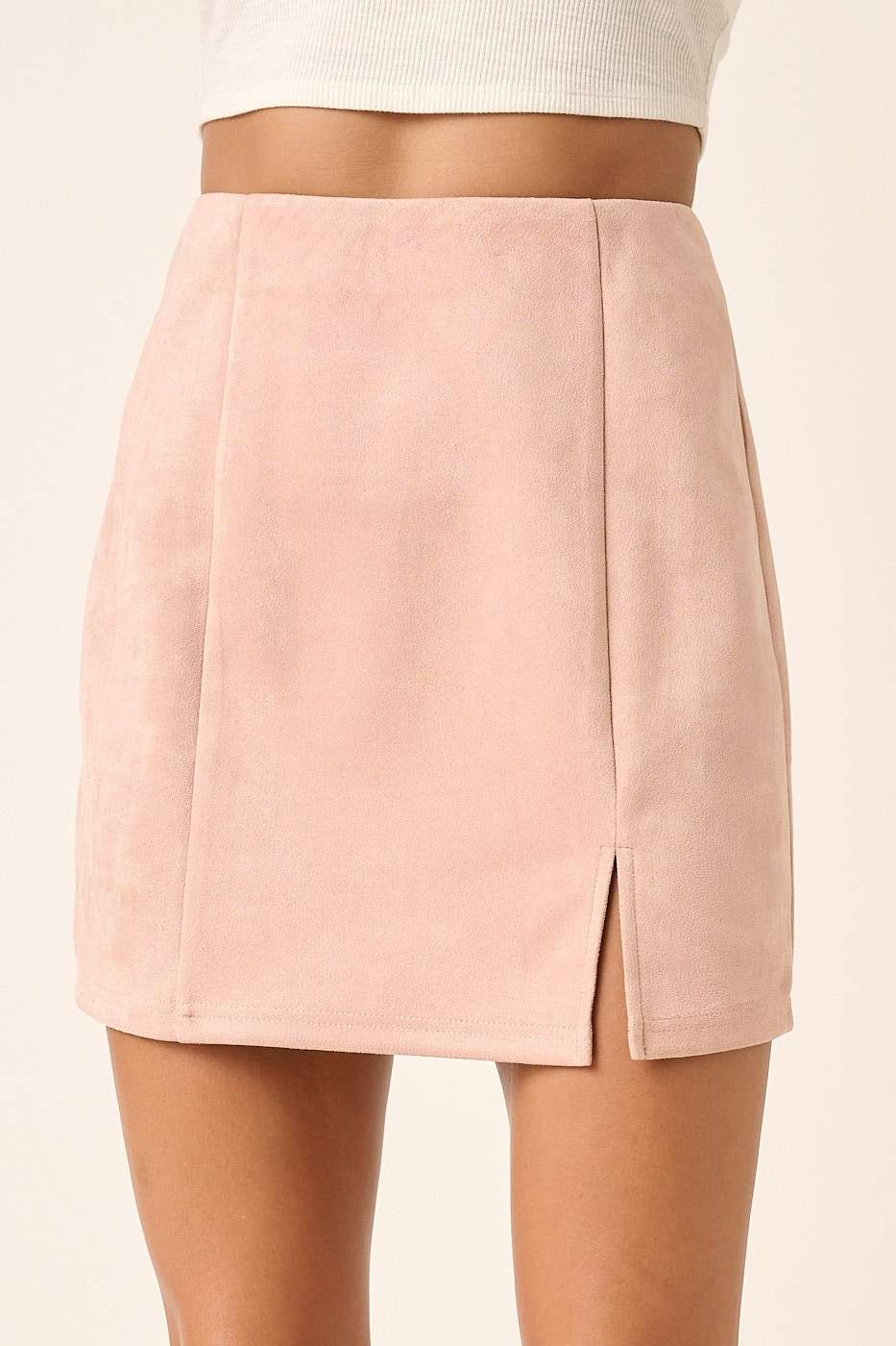 PREORDER: Suede Slit Detail Mini Skirt (Blush)