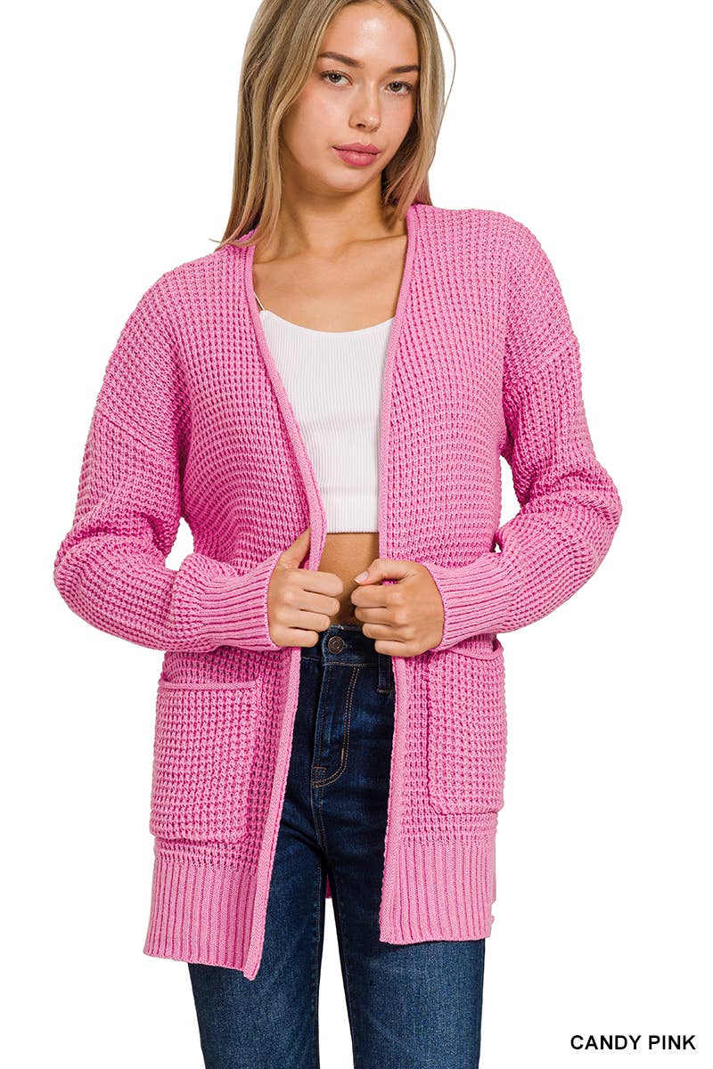 `Low Gauge Waffle Open Sweater Cardigan Zenana
