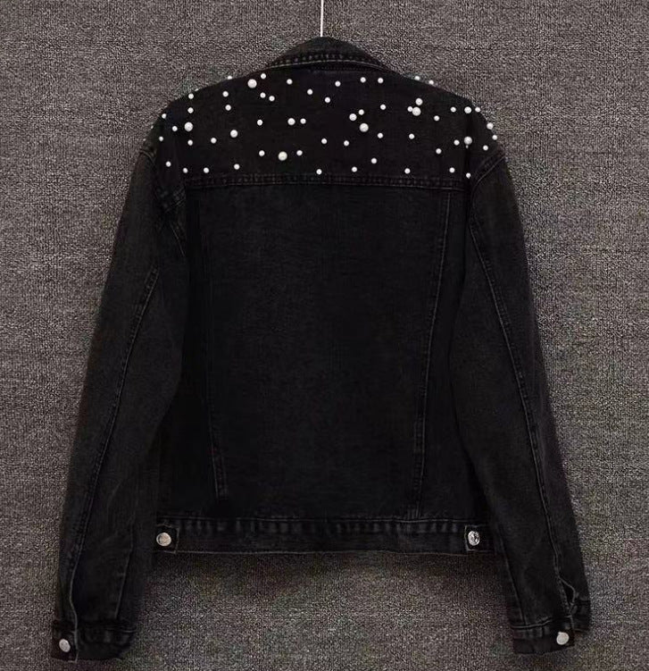 PREORDER: Fashion Beaded Pearl Cropped Denim Jacket