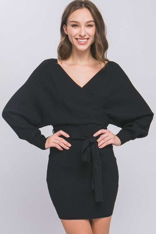 PREORDER: Off Shoulder Wrap Belted Ribbed Knit Dress