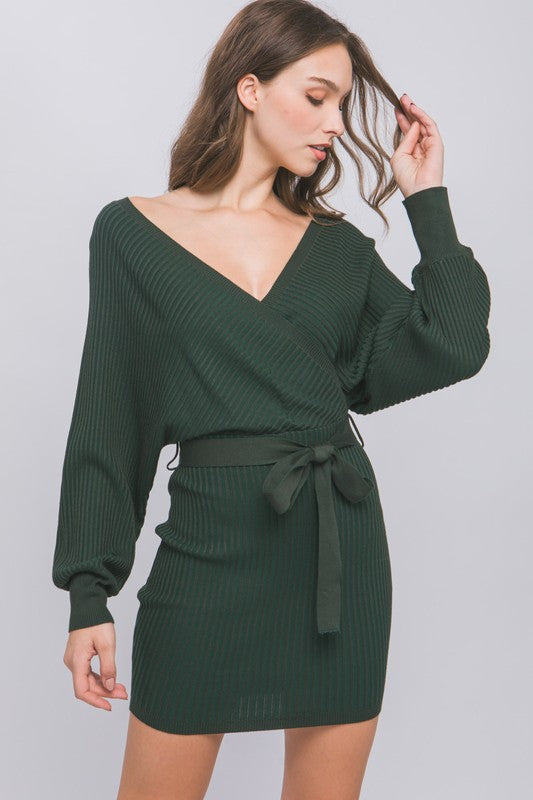 PREORDER: Off Shoulder Wrap Belted Ribbed Knit Dress