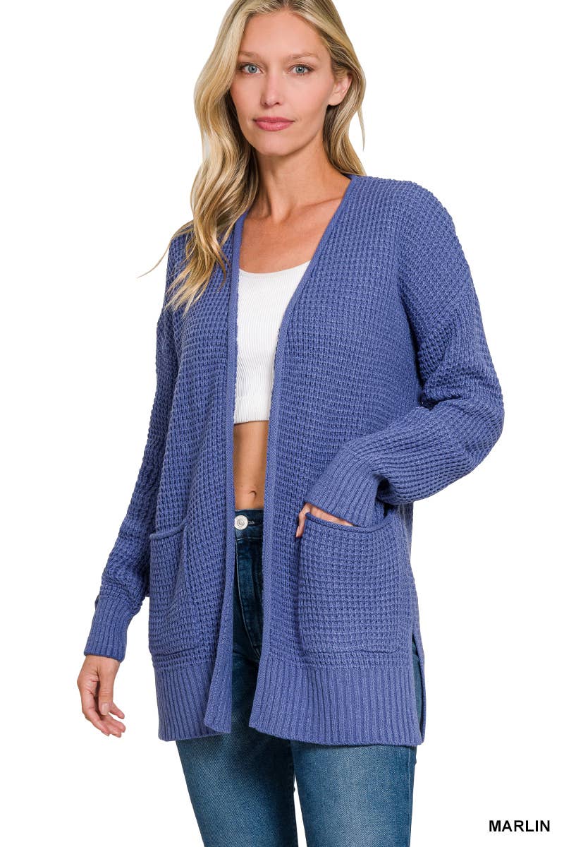 `Low Gauge Waffle Open Sweater Cardigan Zenana