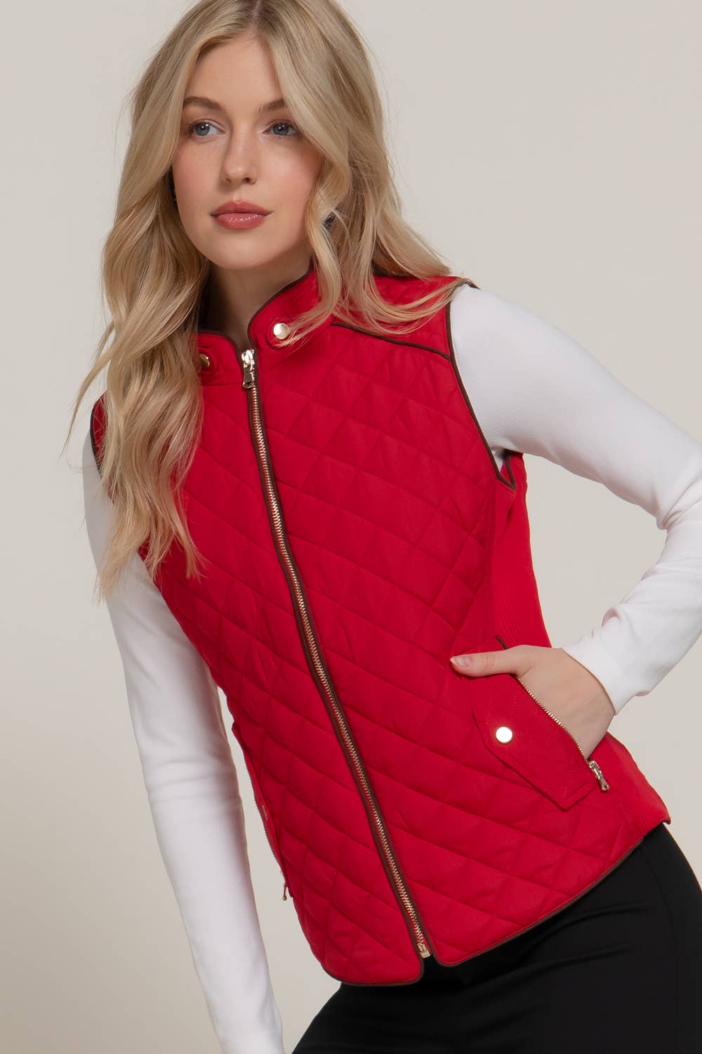 `Slim Fit Suede Piping Quilted Padding Vest