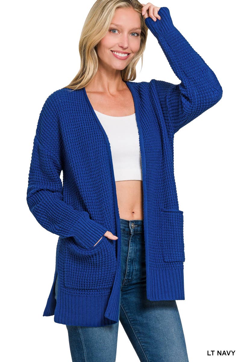 `Low Gauge Waffle Open Sweater Cardigan Zenana