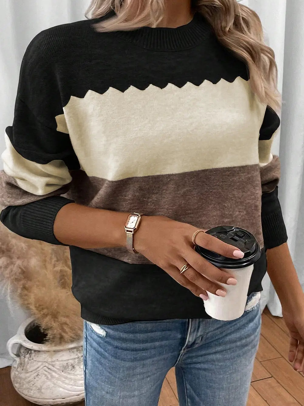PREORDER: Black Colorblock Crew Neck Drop Shoulder Sweater