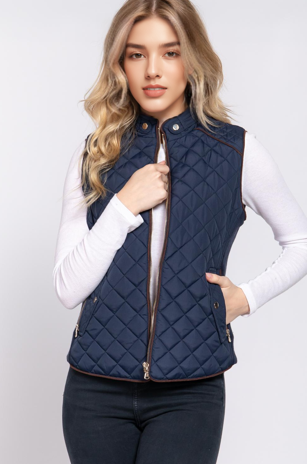 `Slim Fit Suede Piping Quilted Padding Vest