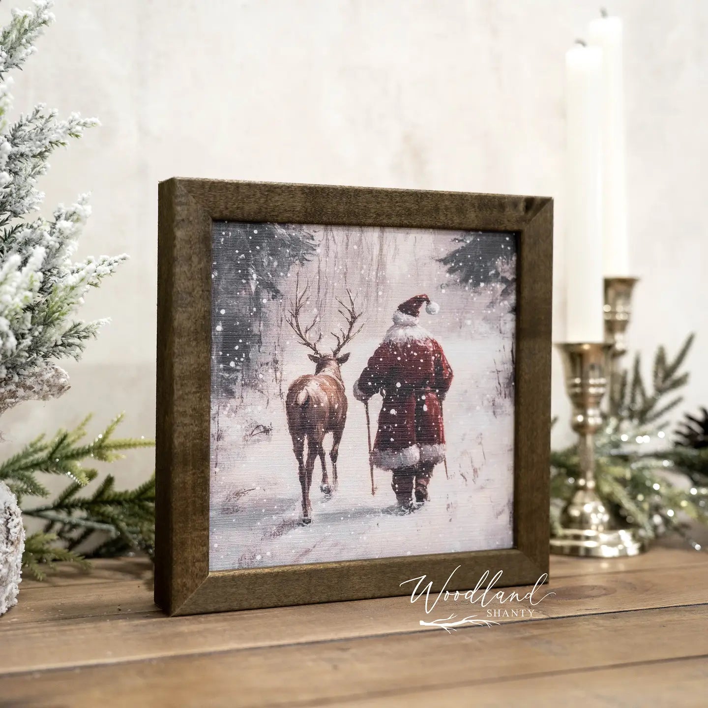 Santa and Reindeer Framed Shelf Sitter Sign