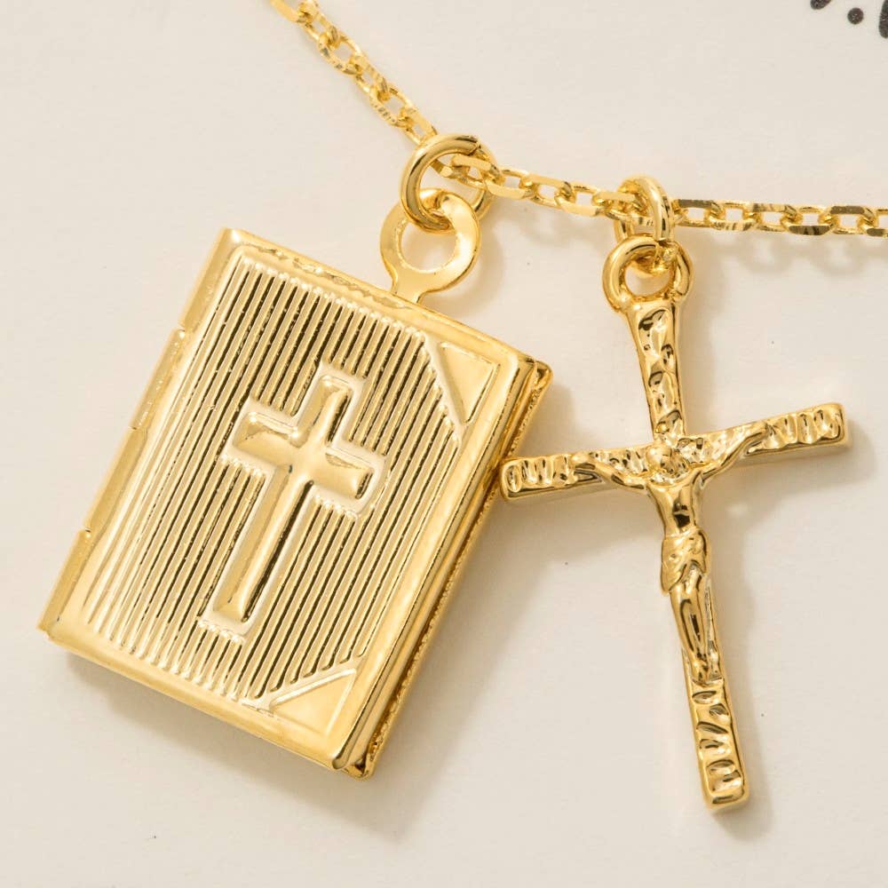 Gold Dipped Crucifix And Bible Locket Pendant Necklace