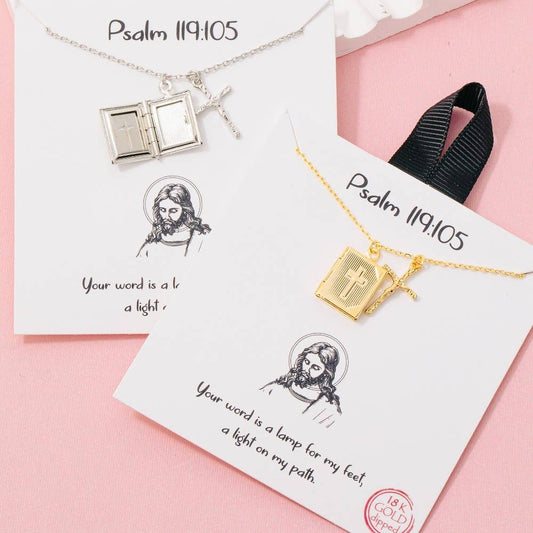 Gold Dipped Crucifix And Bible Locket Pendant Necklace