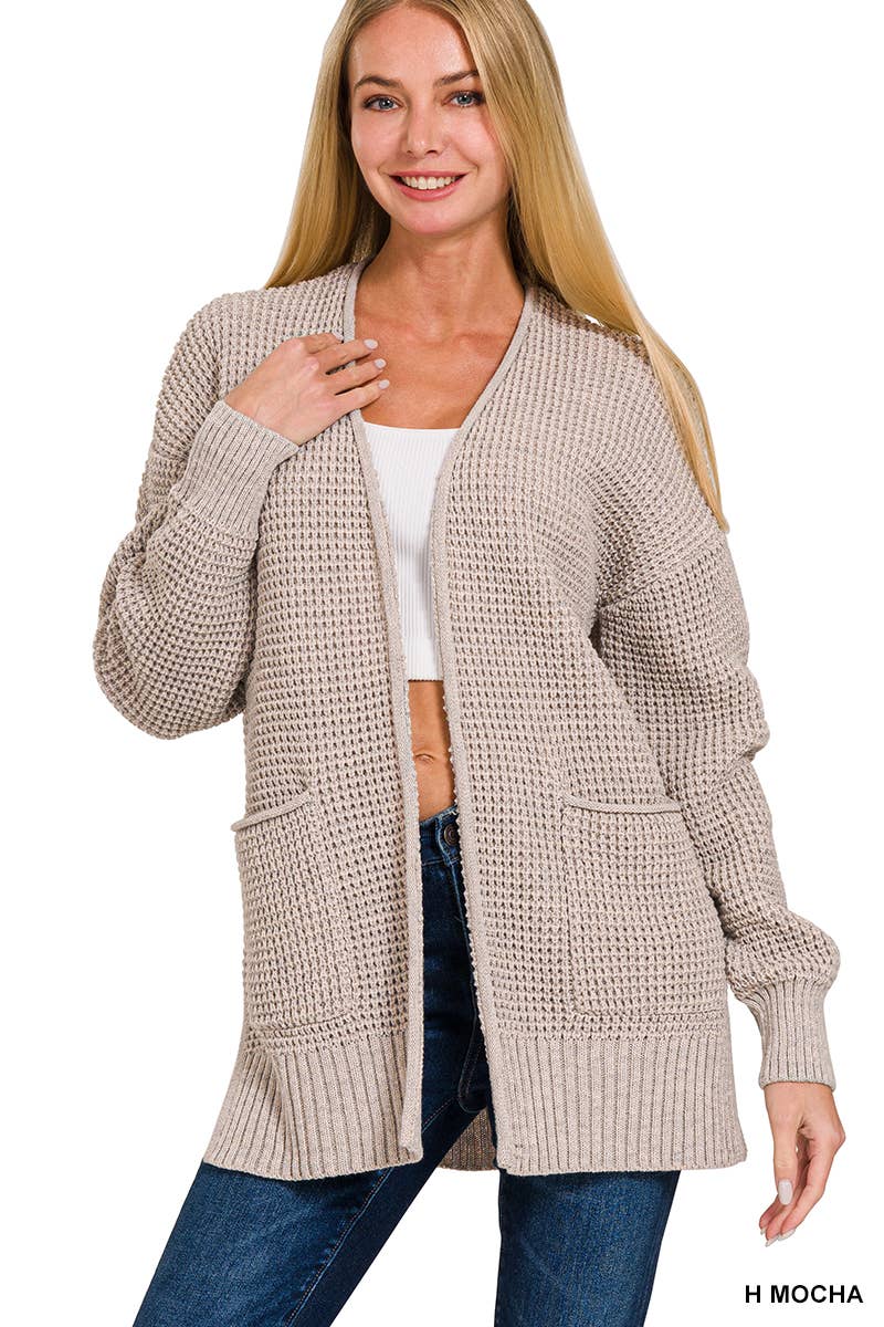 `Low Gauge Waffle Open Sweater Cardigan Zenana