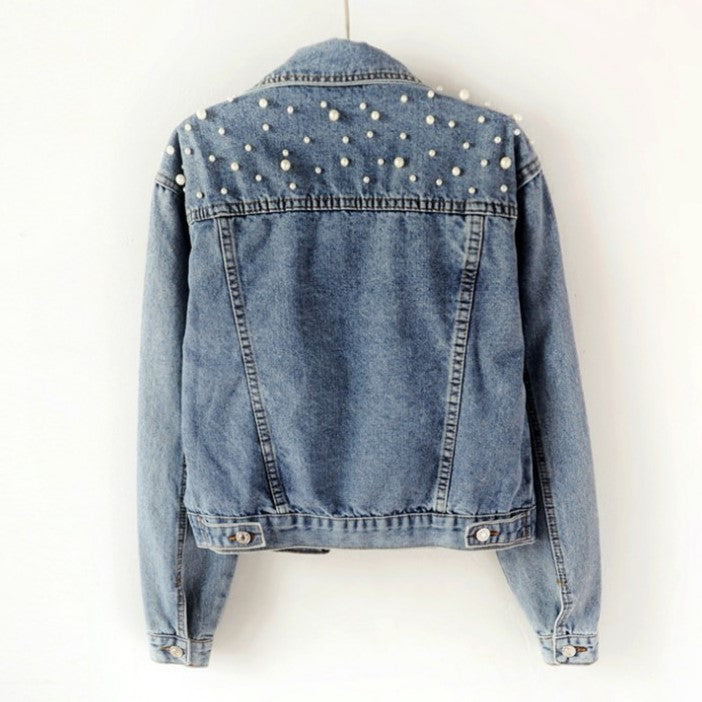 PREORDER: Fashion Beaded Pearl Cropped Denim Jacket