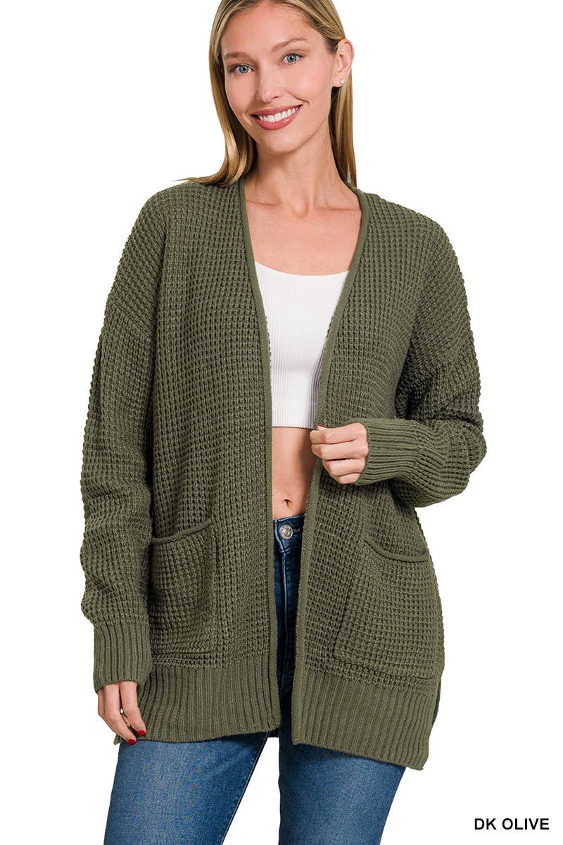 `Low Gauge Waffle Open Sweater Cardigan Zenana