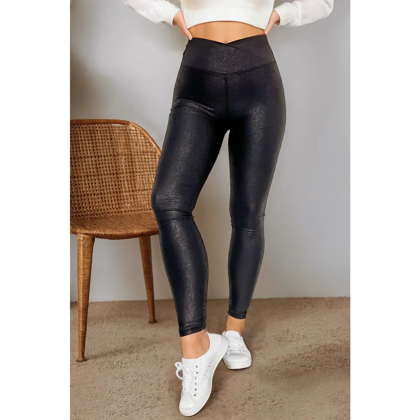 PREORDER: Crossed Dip Waist Sleek Leather Leggings